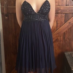 Duggal Couture 10 Blue Sequins Beads Spaghetti Strap Fitted Flowy Formal Dress